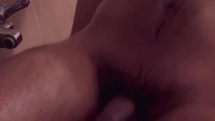 Horny hairy guy precums while riding 10 inch dildo in shower