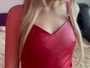 blonde in a leather dress and stockings got a hard fuck and cum in her pussy 3/16