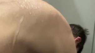 Public gym shower hot twink jerking and cumming.