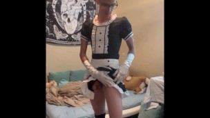 This cute femboy maid is jerking off instead of cleaning
