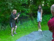 Hot brunette takes cum in mouth from 2 old guys in the same time 5/16