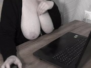At work with bare tits. Mature milf with big saggy boobs. 8/16