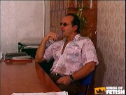 Man with glasses watches how secretary plays with her cunt before fucking her hard 2/16