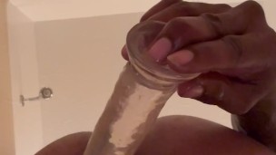 Tattooed man dildos hole in bathroom