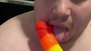 Dad Super Deep Throats HUGE Pride Dildo