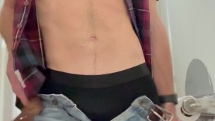 Nipple play & cumshot in public bathroom