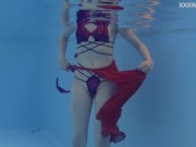 Very small teen in red swimming and posing 10/16