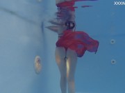 Very small teen in red swimming and posing 8/16