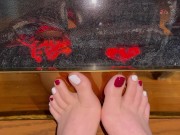 Long toe wiggles by the fire, red and white pedicure