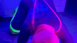 Blacklight rave slut dresses up in neon to masturbate and play with ass. I want to get pegged