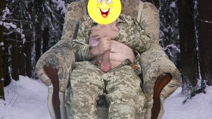 Ukrainian soldier jerks off in the winter forest.