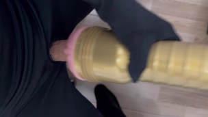 Horny man fucking with dick flashlight toy