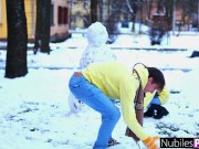 Petite Brunette Mirka gives boyfriend a Naked Surprise to Warm up on a cold winters day -S13:E5 1/16