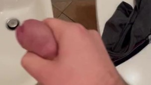 My uncut cock explode while I’m jerking in my friend’s bathroom