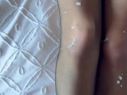 he is so horny that i have to suck him and he cums a good dose of cum on my nylons 16/16