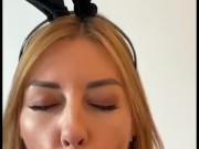 Hot MILF in a bunny costume gives blowjob to a huge dildo 12/16