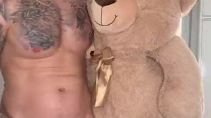 BoyGym hunk tattoed boy play with his cock and teddy bear