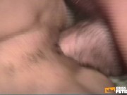 Hot babe sticks a toy inside her shaved cunt and gets drilled by a massive dude with long hair 15/16