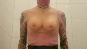 Sissy fucks dildo in pink shirt
