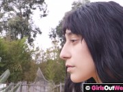 Hirsute lesbian girl licked and fingered in the garden 2/16