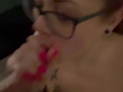 BBW stepmom MILF gives blowjob to morning wood he cums on her big tits his pov 13/16