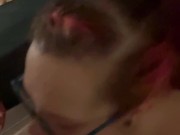 BBW stepmom MILF gives blowjob to morning wood he cums on her big tits his pov 8/16