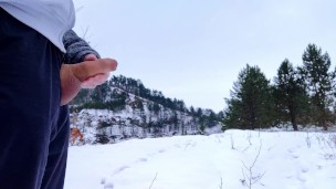 Two big cumshots in a snowy nature, my balls are freezing