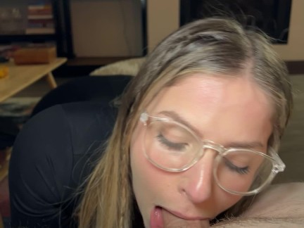 Slutty blonde sucks my cock before the party