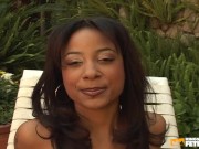 Black girls have dirty fun with huge toys outdoor on the sunbed 1/16