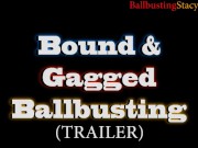 Bound and Gagged Ballbusting Trailer, Shiny PVC Fishnet Domme Punches Elbows Balls of Gagged Slave