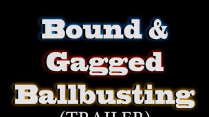 Bound and Gagged Ballbusting Trailer, Shiny PVC Fishnet Domme Punches Elbows Balls of Gagged Slave