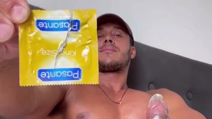 Diego Barros can barely fit a rubber on his big thick uncut brazilian cock 