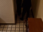 Amateur couple was going to swinger party but decided to relief pressure after stepping out the door 1/16