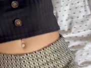 I have to suck his cock again and he empties his balls on my black pantyhose 14/16