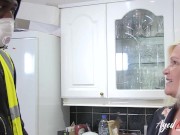 Busty Lacey with his six pack. Lacey encourages him to fuck her mouth and unpacks her big tits, they sway during the blowjob. 4/16