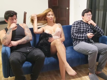Wife cheats on her cuckold husband while playing video games. His best friend fucks her on the couch