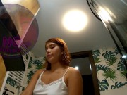 Sexy and Horny Bare Ass Petite Latina Redhead in the Bathroom shows pussy and booty to tease without underwear flashing 2/16