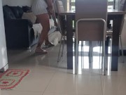 cleaning the house in a mini skirt without panties