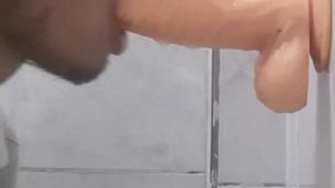 Deepthroat training with big dildo