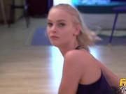 FakeHostel - Cute and skinny 18+ teen with tight pussy gets fucked by two horny sneaky boys jerking off in threesome 3/16