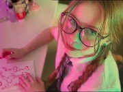 Schoolgirl with glasses drew penises instead of homework and was fucked on the table