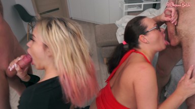 Two guys invite a Busty Milf and a leggy 19 year old Blonde and have a Hard Crazy Fuck!