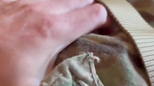 Army soldier jerking off in his sarge's blue boxer briefs