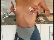 A beautiful milf while cooking dinner decided to sweetly masturbate her pink pussy 6/16