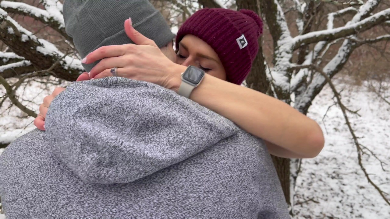 Wife gets huge public double creampie in snow storm from husband and friend / Sloppy seconds