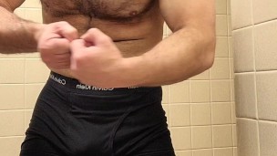 HAIRY MUSCLE BEAR FLEXING IN UNDERWEAR