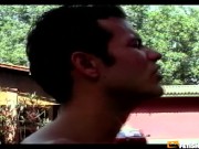 Horny dude smashes his friend tight asshole and a girl with hairy pussy outside 8/16