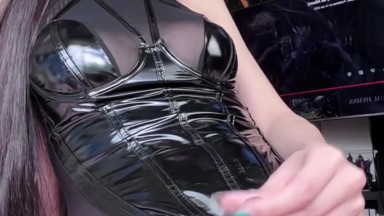 big dick dominant goth girl in PVC latex fucks fleshlight and nuts all over her hand - w0llip wollip