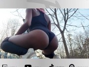 Slutty Ebony shakes ass and shows her holes in forest near public bridge 5/16