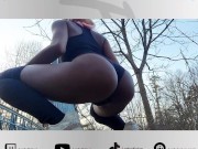 Slutty Ebony shakes ass and shows her holes in forest near public bridge 7/16